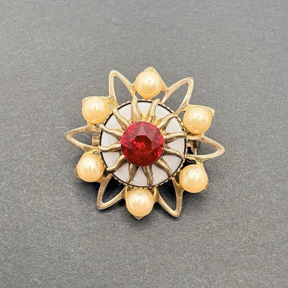 Vintage Starburst Brooch Red Rhinestone Faux Pearl Snowflake Gold Tone Dainty 1"